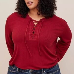 Torrid - Texture Jersey Lace-Up Drop Shoulder Red Texture Rib Knit Top - 3X